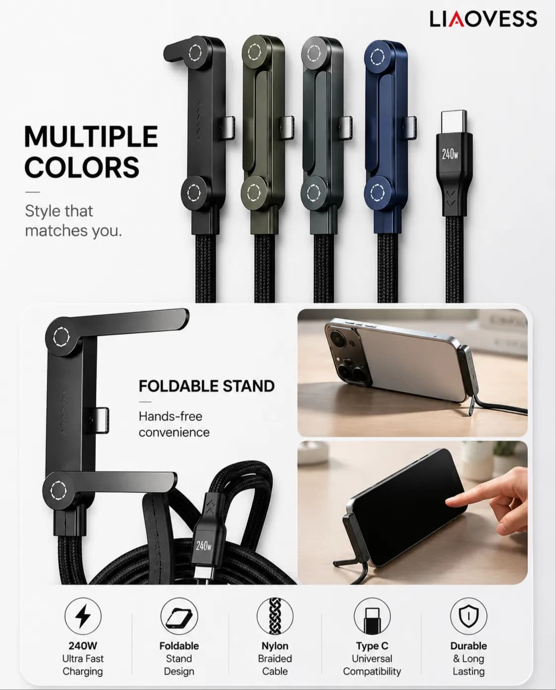 LIAOVESS 240W Foldable Stand Type-C Fast Charging Cable